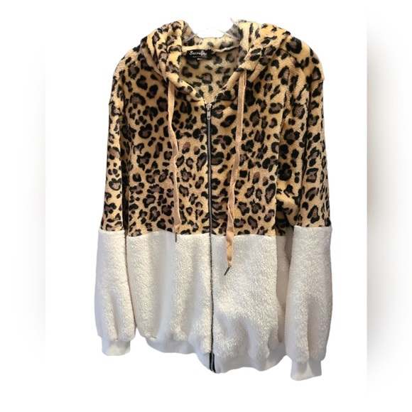 Sucrefas Leopard color block fuzzy hooded Jacket Size XL Women’s - Picture 2 of 9